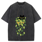 Black Cat And Plants  Washed T-Shirt