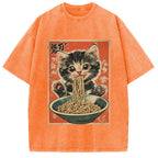 Kawaii Ramen Cat Vintage Japanese Washed T-Shirt