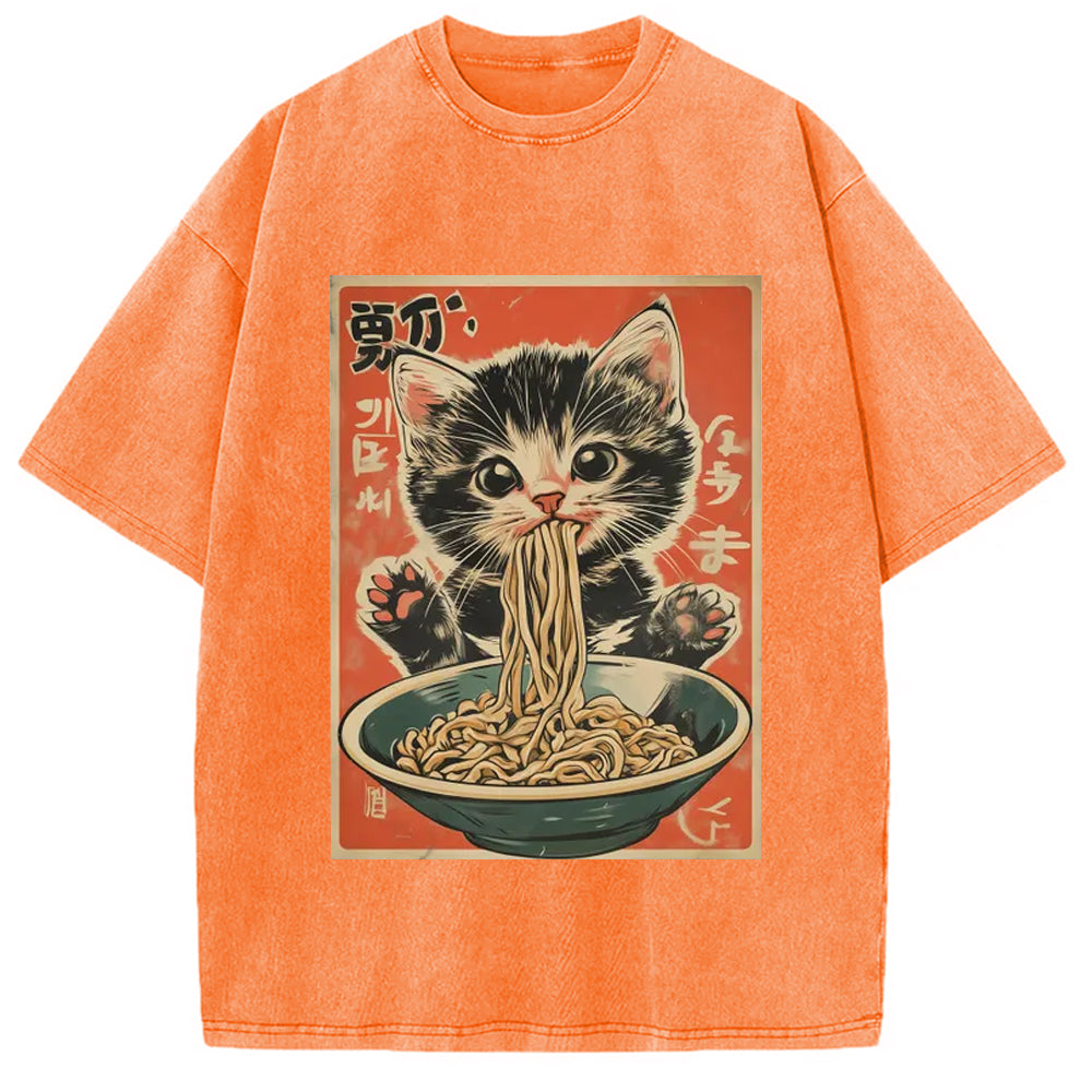 Kawaii Ramen Cat Vintage Japanese Washed T-Shirt