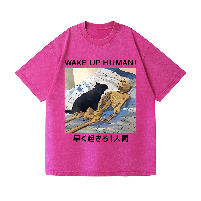 Cat Wake Up Human Vintage Wash Japanese Design T-Shirt