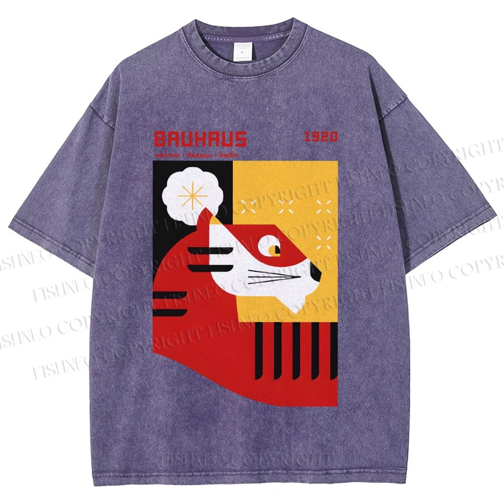 Unisex Bauhaus Red Tiger Printed Washed Tee