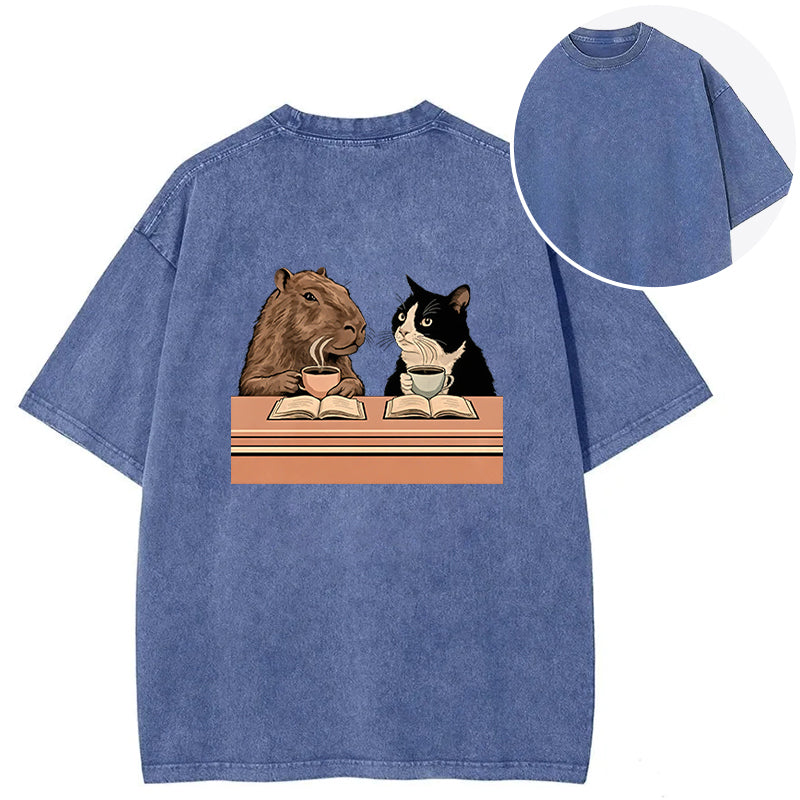 Capybara And Cat Talk Back Washed T-Shirt