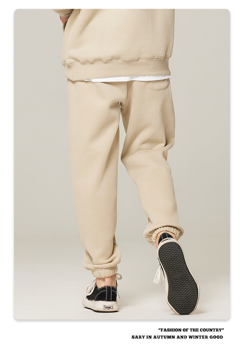 Unisex Solid Color Fleece Casual Tapered Pants