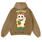 Lucky Cat Vintage Washed Cotton Back Art Hoodie