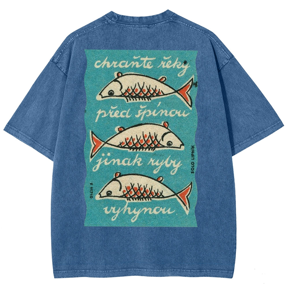 Fishes Pattern Printed Washed Vintage Short Sleeves T-Shirt