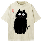 Black Cat With Puffed-Up Fur Vintage Washed T-shirt