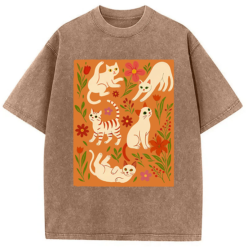 Cats And Flowers Washed T-Shirt