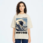 Black Cat Great Wave Vintage Wash Japanese Design T-Shirt