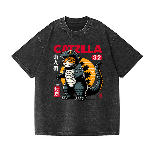 Cat Godzilla Vintage Wash Japanese Design T-Shirt