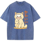 Kawaii Cat with Wine Glass Face Washed T-Shirt