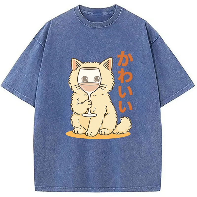 Kawaii Cat with Wine Glass Face Washed T-Shirt