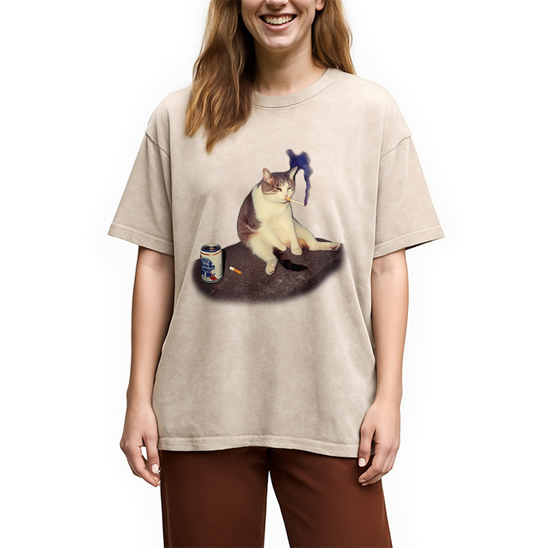 Custom Cat Smoking Meme Washed T-Shirt