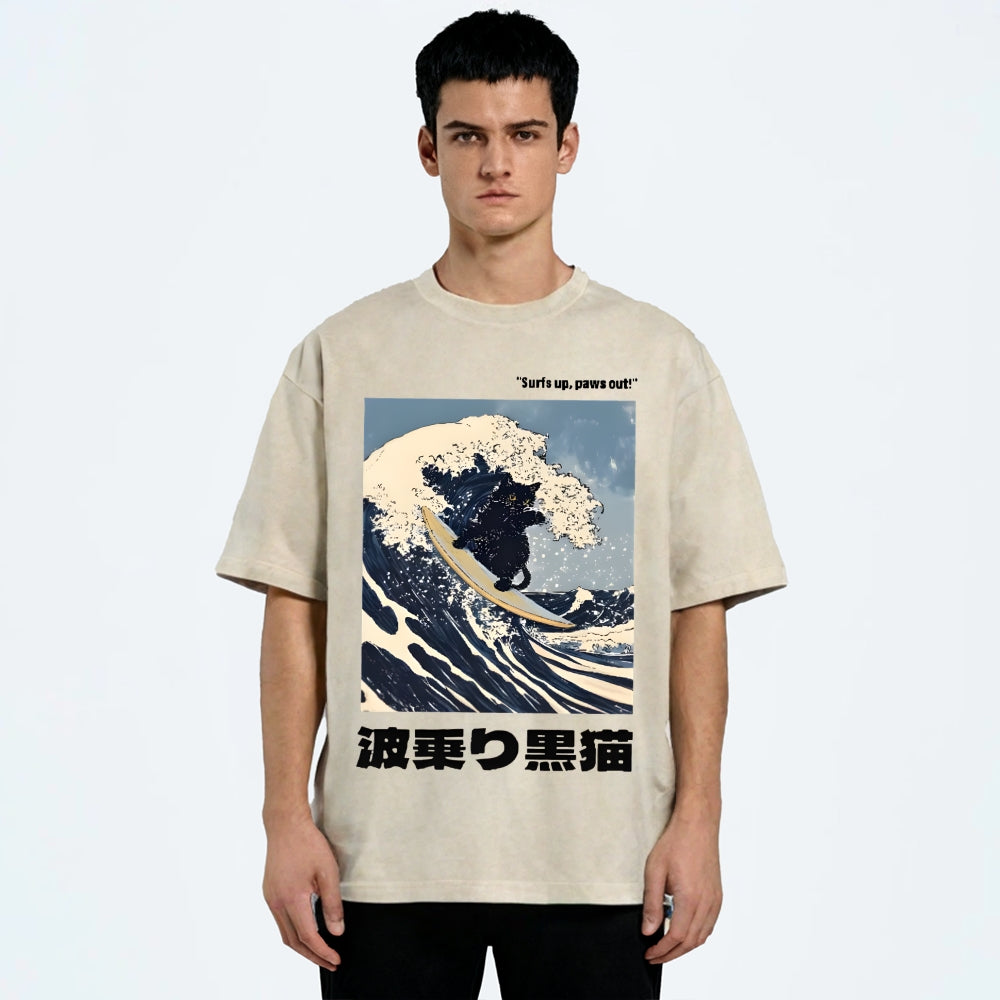 Black Cat Great Wave Vintage Wash Japanese Design T-Shirt