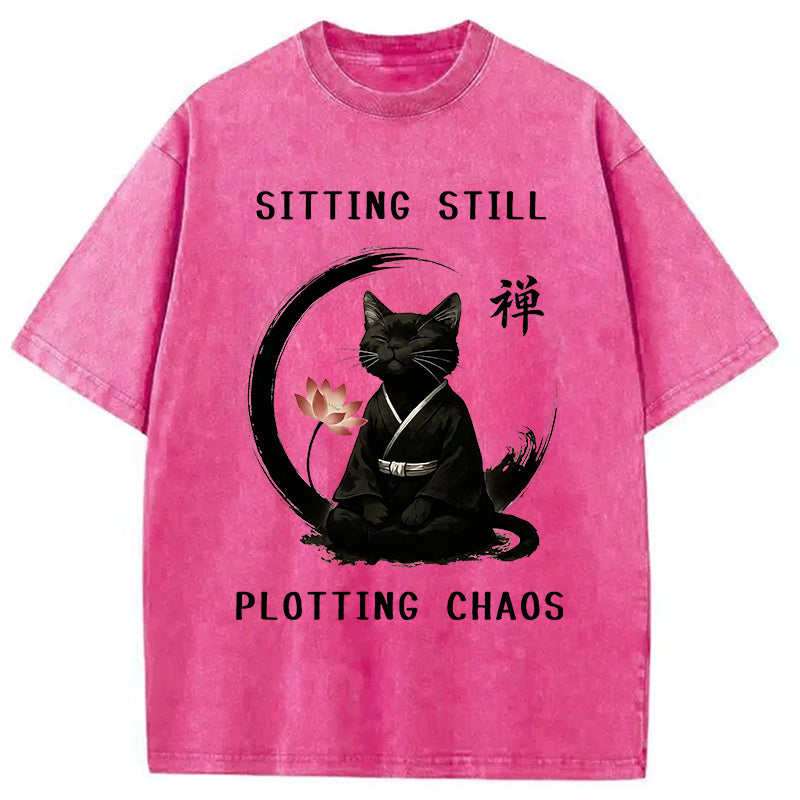 Sitting Calming Zen Cat Washed T-Shirt