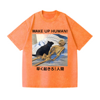 Cat Wake Up Human Vintage Wash Japanese Design T-Shirt