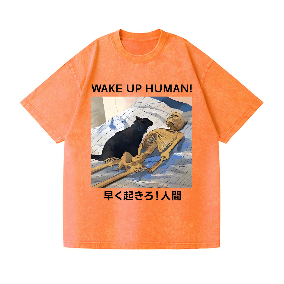 Cat Wake Up Human Vintage Wash Japanese Design T-Shirt