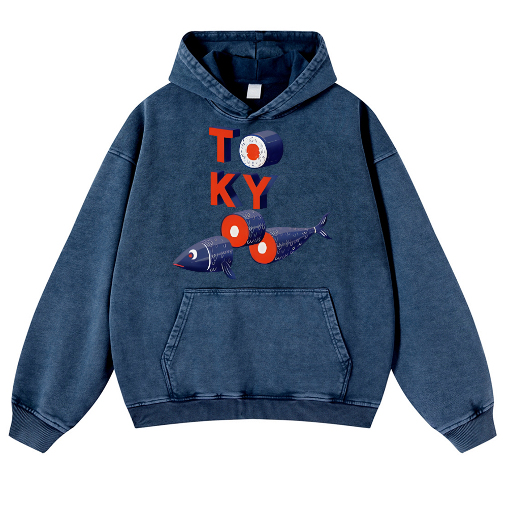 Tokyo Sushi Fish Vintage Washed Thick Cotton Hoodie