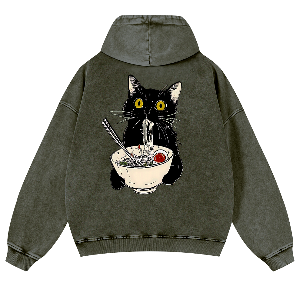 Ramen Cat Vintage Washed Cotton Back Art Hoodie