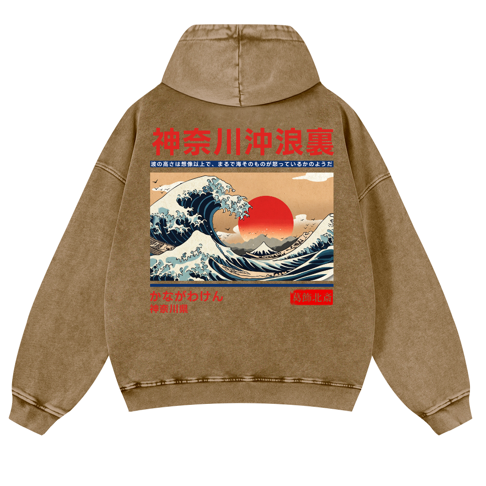 Kanagawa Ukiyo-e Great Wave Vintage Washed Cotton Back Art Hoodie