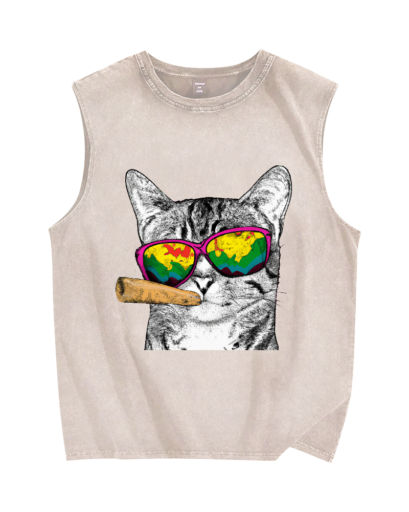 Smoking Cat Vintage Distressed Washed Tank Top
