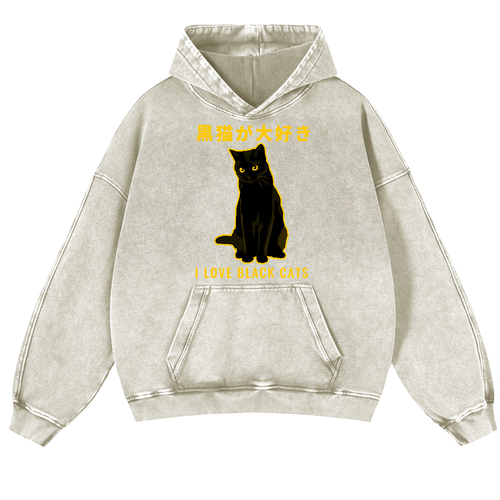 Black Cat Vintage Washed Thick Cotton Hoodie