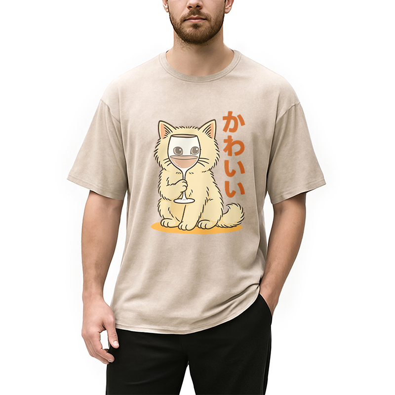 Kawaii Cat with Wine Glass Face Washed T-Shirt