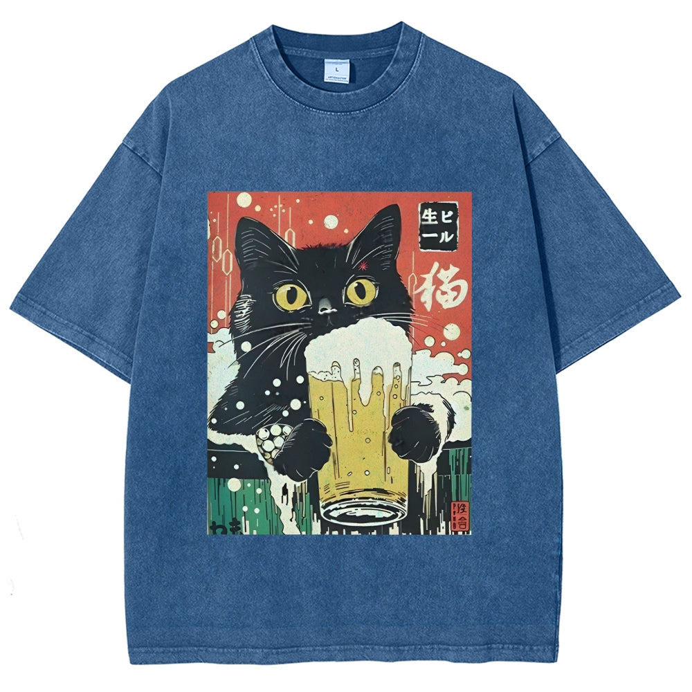 Cat Drinking Beer Funny Washed T-Shirt