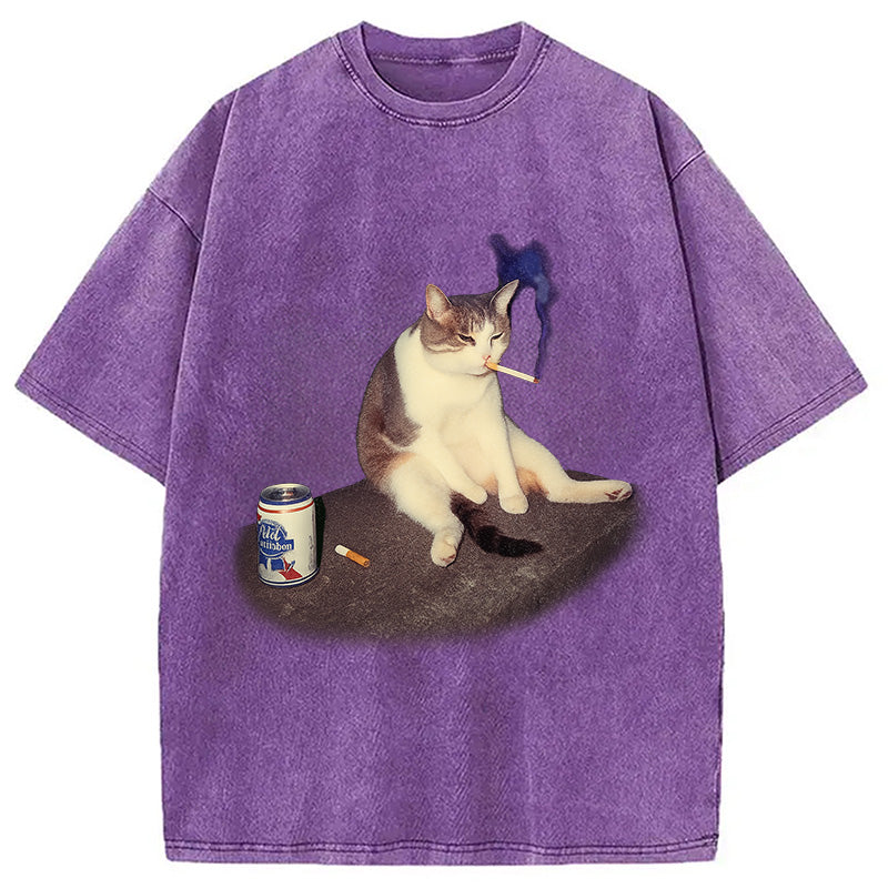 Custom Cat Smoking Meme Washed T-Shirt