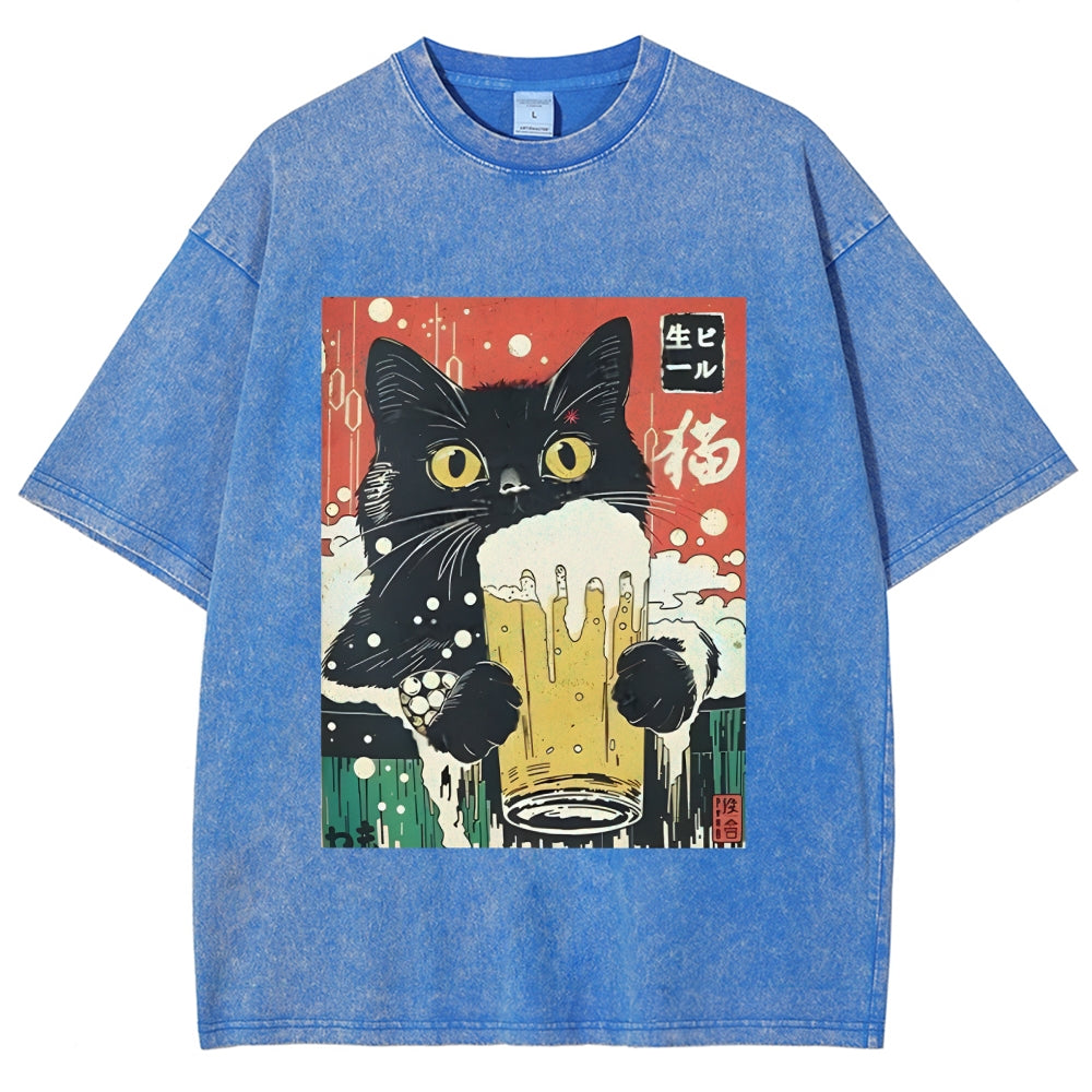 Cat Drinking Beer Funny Washed T-Shirt