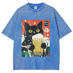 Cat Drinking Beer Funny Washed T-Shirt