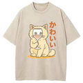 Kawaii Cat with Wine Glass Face Washed T-Shirt