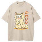 Kawaii Cat with Wine Glass Face Washed T-Shirt