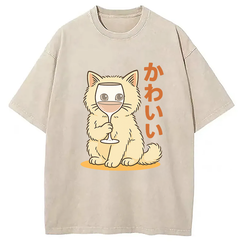 Kawaii Cat with Wine Glass Face Washed T-Shirt