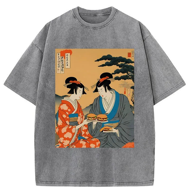 Geisha Eating Burgers Washed T-Shirt