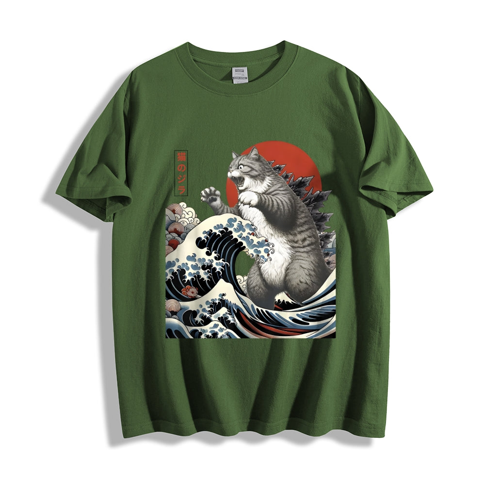 Cat Godzilla Ukiyoe Great Wave Japanese Style Classic Tee