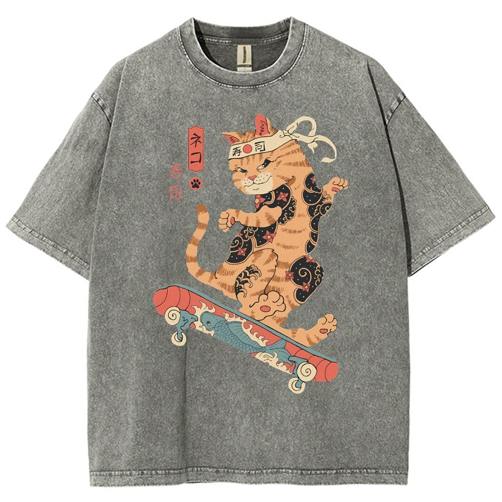 Skate Cat Washed Vintage Short Sleeves T-Shirt