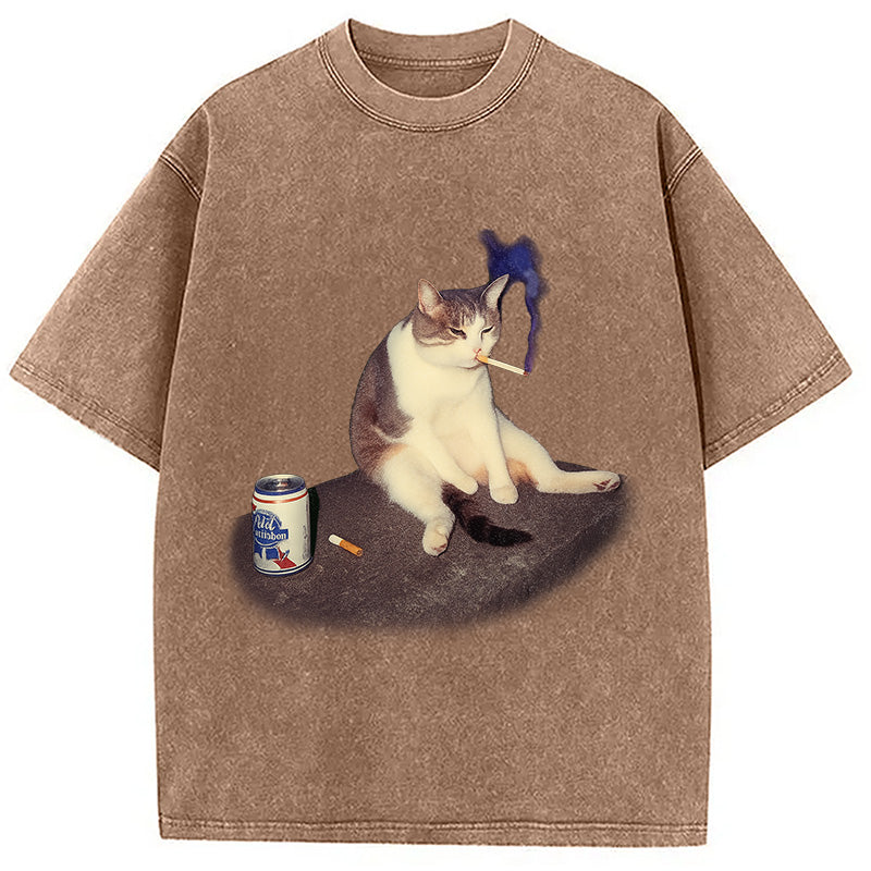 Custom Cat Smoking Meme Washed T-Shirt