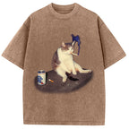 Custom Cat Smoking Meme Washed T-Shirt