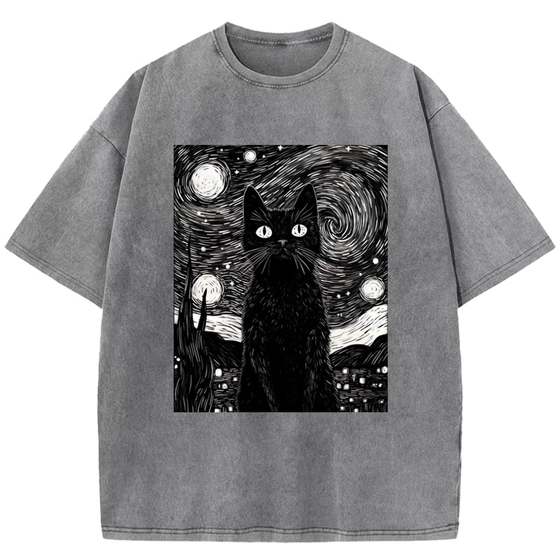 The Starry Night And Cat Washed T-Shirt
