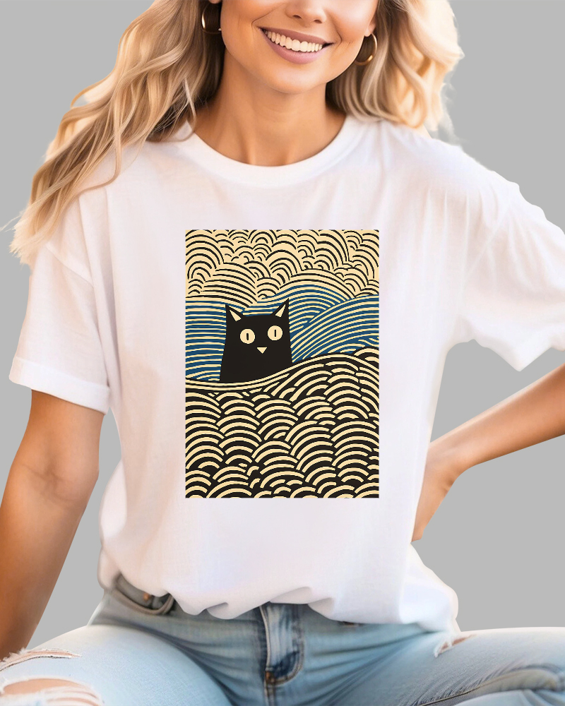 Wave Japanese Cat Art Cotton Casual T-shirt
