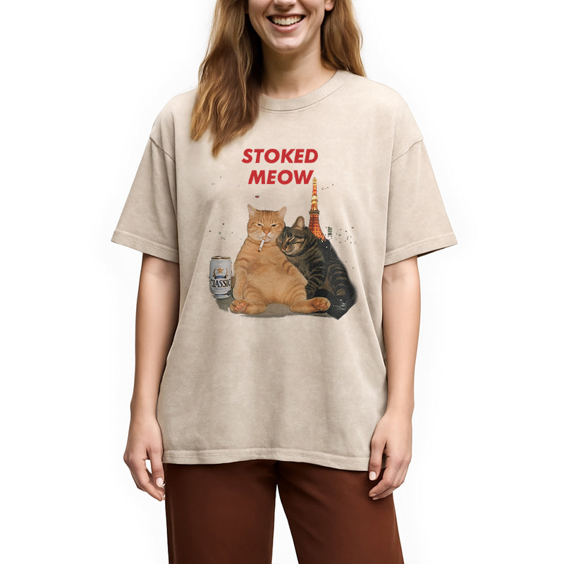 Stoked Meow Smoking Cat Washed T-Shirt