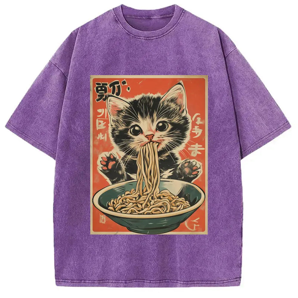 Kawaii Ramen Cat Vintage Japanese Washed T-Shirt