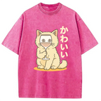 Kawaii Cat with Wine Glass Face Washed T-Shirt
