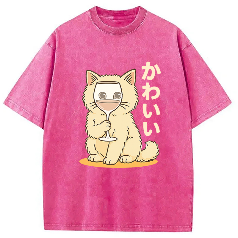 Kawaii Cat with Wine Glass Face Washed T-Shirt