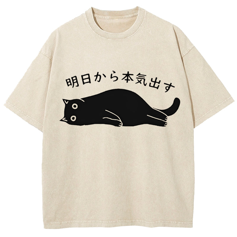 Black Cat Get Serious from Tomorrow Onwards Washed T-Shirt