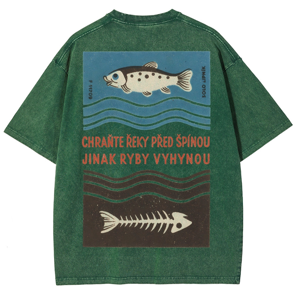 Fish And Fish Bone Washed Vintage Short Sleeves T-Shirt
