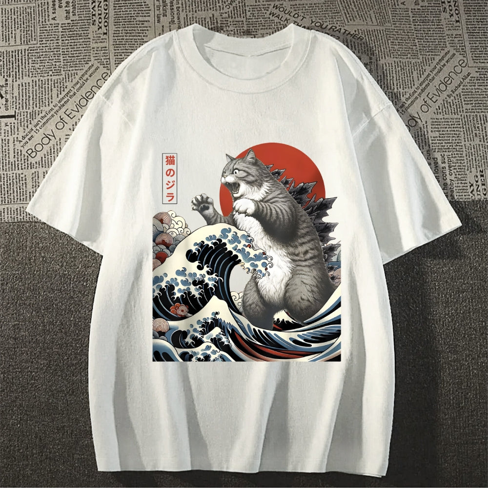 Cat Godzilla Ukiyoe Great Wave Japanese Style Classic Tee