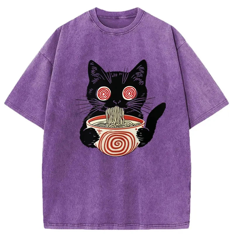 Confused Cat Eating Ramen Washed Vintage T-Shirt