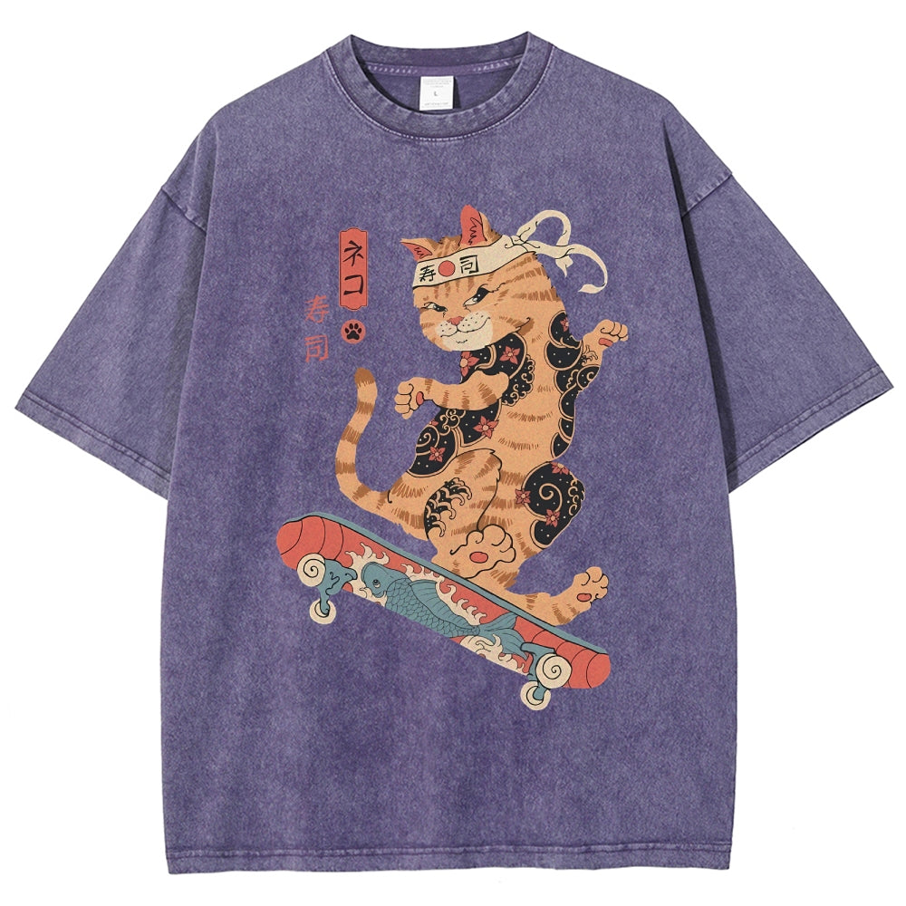 Skate Cat Washed Vintage Short Sleeves T-Shirt