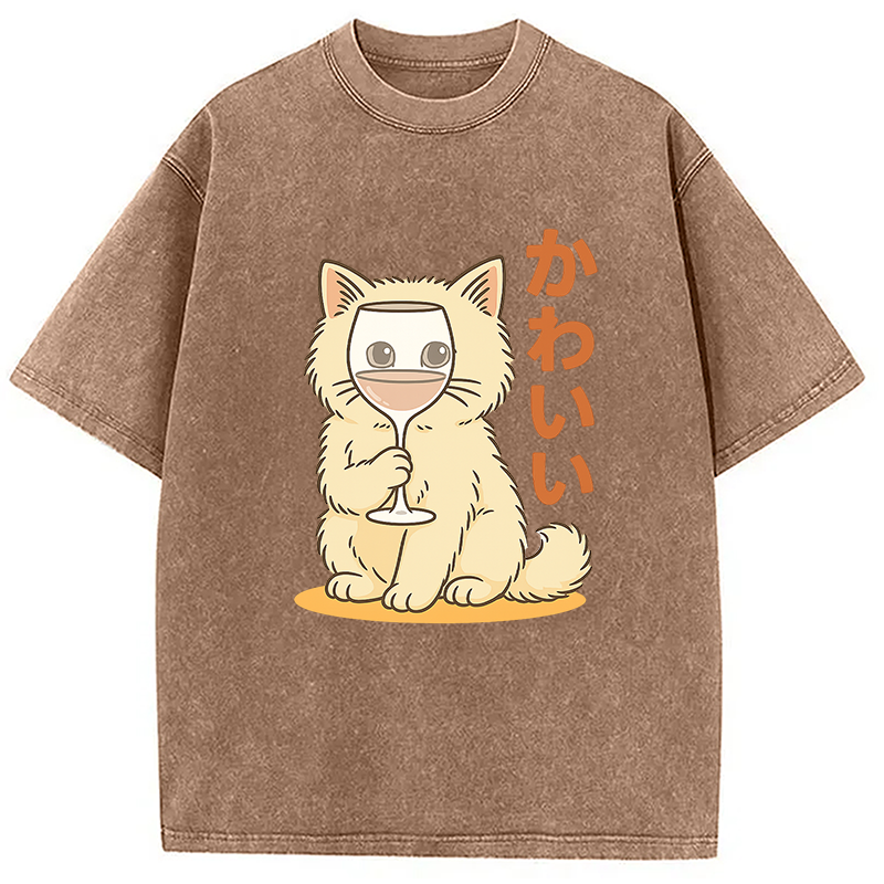 Kawaii Cat with Wine Glass Face Washed T-Shirt
